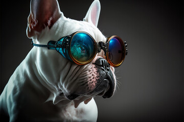 Close up of stylish white French bulldog in futuristic glasses, on a gray background