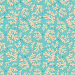 Marine seamless background with corals and bubbles on a blue background. Vector illustration