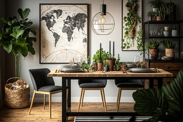 Stylish and botany interior of dining room with design. Illustration AI Generative