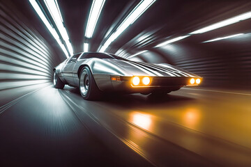 Obraz na płótnie Canvas Illustration of a retrofuturistic racing supercar in the city with long exposure creating light trails. Concept of sports car racing video game..Generative AI 