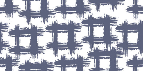 Striped check grunge seamless pattern. Vector vertical and horizontal black brush stripes. Bold brush drawn textured crossing lines. Stylish geometric texture. Repeating geometric tiles with squares.