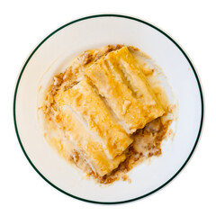 Cannelloni, cylindrical lasagna, stuffed with ground beef, baked and served with sauce on plate. Isolated over white background