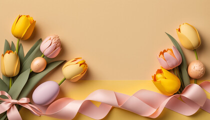 easter eggs, tulips and ribbons text ready background ai generated