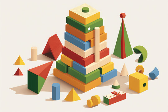  Flat vector illustration Cropped image of building tower with wooden blocks and playing with montessori toys. 