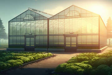 Plakat eco, environmentally friendly products, plants growing inside big industrial greenhouse. industrial agriculture.ai generative