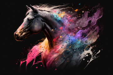 Horse. Abstract, neon portrait of a horse's head and splashed watercolors on a black background. ai generative