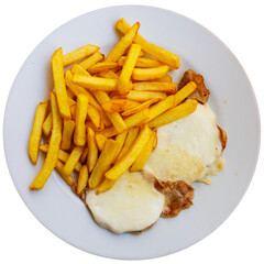 Delicious pork medallions with Roquefort cheese and potato slices. Isolated over white background