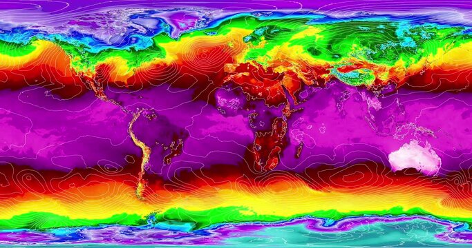 The world map centered on the Atlantic Ocean is color-coded, representing the temperature ranges on the globe and the differences between day and night. - Powered by Adobe