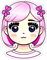 Sticker with a cartoon head of small girl with a hairstyle and a smile on his funny face, with a white frame around