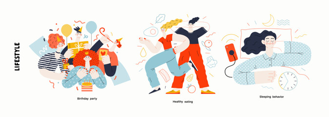 Fototapeta Lifestyle series - modern flat vector illustration of Birthday party, Healthy eating, Sleeping behaviour. People activities and behaviour methapors and hobbies concept obraz