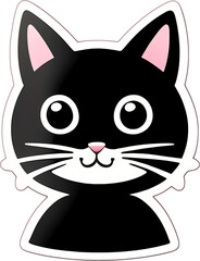 Sticker with a cartoon head of cat with a smile on his funny muzzle, with a white frame around