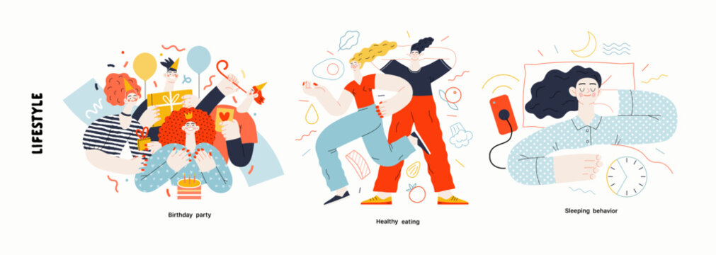 Lifestyle series - modern flat vector illustration of Birthday party, Healthy eating, Sleeping behaviour. People activities and behaviour methapors and hobbies concept