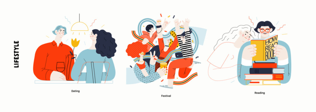 Lifestyle series - modern flat vector illustration of Dating, Musical festival, Reading books. People activities methapors and hobbies concept