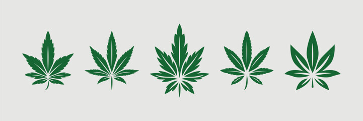 Fototapeta na wymiar Green Cannabis Leaves. Hemp, Cannabis Leaf Icon Set Closeup Isolated on White Background. Growing Medical Marijuana. Vector Illustration