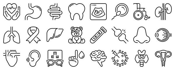Line icons about medical specialties on transparent background with editable stroke. - obrazy, fototapety, plakaty