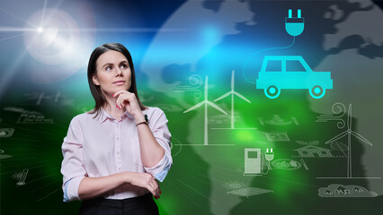 Young woman on green background with icons of electric car, renewable energy