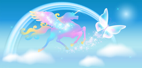 Galloping iridescent Unicorn Pegasus and rainbow in sky against the background of the fantasy universe with clouds and sparkling stars.