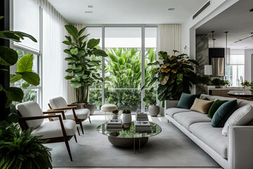 Fototapeta na wymiar Living room with furniture and tropical greenery