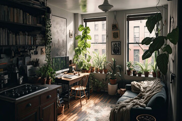 Interior of small busy New York style appartment full of plants