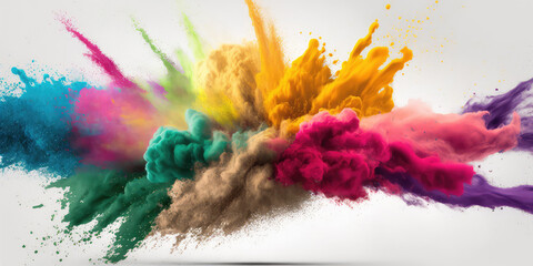 Fototapeta na wymiar colorful explosion of powders on a white background. Post-processed generative AI