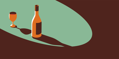 Illustration of a bottle of wine and a glass of wine in retro style.