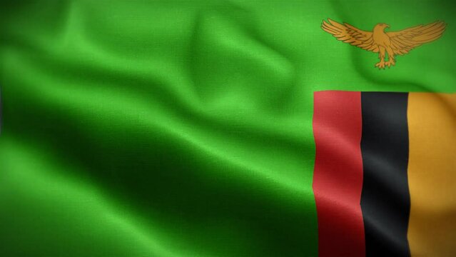 4K Textured Flag of Zambia Animation Stock Video - Zambian Flag Waving in Loop - Highly Detailed Republic of Zambia Flag Stock Video