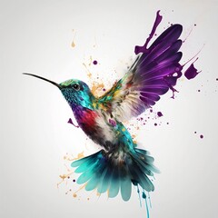 Hummingbird in splashes of paint. Bird on a light background. Generative AI.