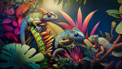 Fototapeta na wymiar A garden filled with glowing geckos perched on tropical plants - Generative AI