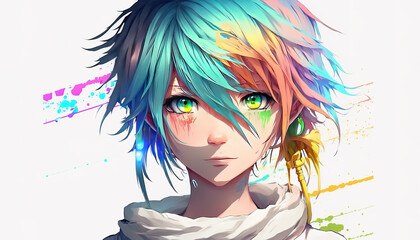Naklejka premium a wonderful and cute anime girl with short hair, colored style, banner illustration, generative ai technology