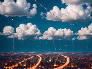 Cloud computing connecting a city with wires and cables, generative ai