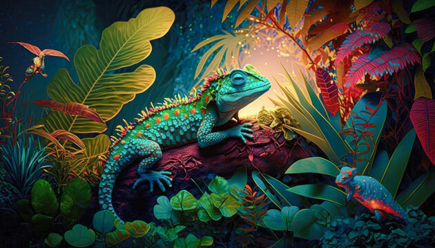 A garden filled with glowing geckos perched on tropical plants - Generative AI