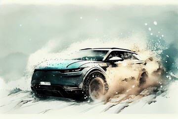illustration of Electric SUV driving on the snow road, generative ai content by Midjourney