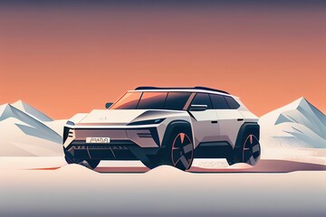 Fototapeta na wymiar illustration of Electric SUV driving on the snow road, generative ai content by Midjourney