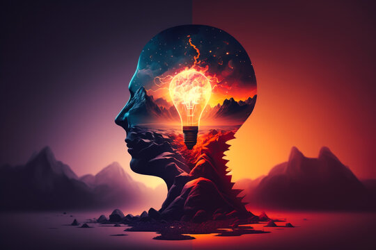 Abstract nature of ideas through. Concept of Idea. Symbol of the moment of inspiration. Process of generating, refining, and implementing thoughts. Generative AI.