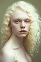 Purity. Portrait of beautiful albino woman . Beauty, fashion, skincare, cosmetics concept. Well-kept skin, fresh look. Inclusion and diversity. Generative ai