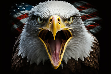 Fototapeta premium Eagle head with the american flag pattern on background. Patriotic banner background. Generative AI eagle portrait with flag on background.