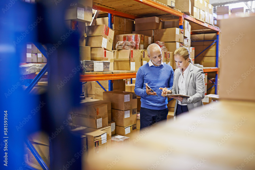 Poster We always double check orders. a man and woman inspecting inventory in a large distribution warehouse.