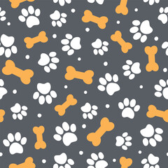 Cute seamless pattern with pet paw, bone and dots. Vector illustration. It can be used for wallpapers, wrapping, cards, patterns for clothes and other.