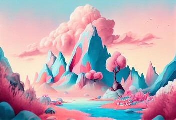 Watercolor Illustration of a Magic Pastel Colored Landscape In Cotton Candy World. Generative AI - obrazy, fototapety, plakaty