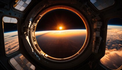 sunset above earth, view from the window of the plane, sensational and emotional wallpaper, AI