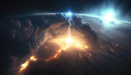 Obraz na płótnie Canvas Spectacular Space Lightning, view from sky, extreme storm clouds, thunderstorm and light city, AI wallpaper