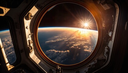 Naklejka premium Cloudy earth planet and sun light in satellite windows, video game illustration, realistic 3d render, AI