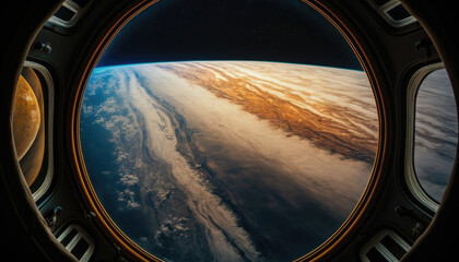 Jupiter view, Futuristic Spacecraft Captures Earth's Beauty at Sunset, AI
