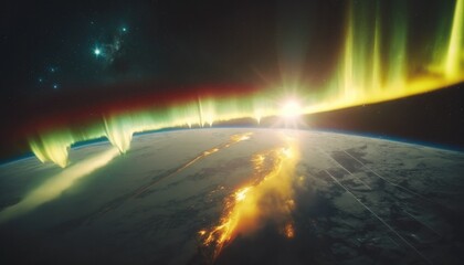 sunrise and yellow auroras borealis over the earth, a celestial and Urban Landscape wallpaper, AI 