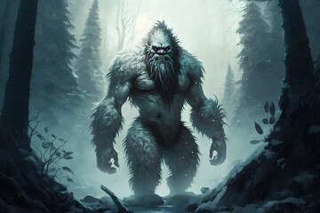 Yeti or abominable snowman walks through winter forest area. Neural network AI generated art