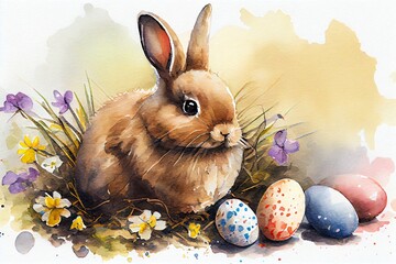 Watercolor Illustration of a Cute Easter Bunny With Easter Eggs. Generative AI
