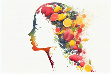 Watercolor Illustration of a Profile Made Out Of Fruits On White Background. Generative AI