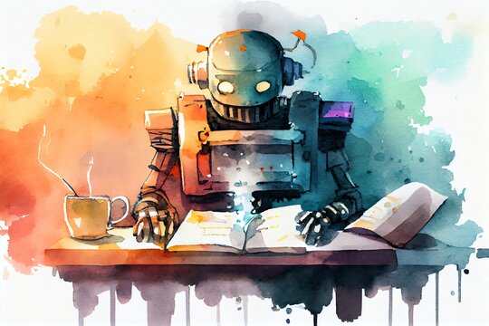 Watercolor Illustration of a Ai Writer Text Apps Are Becoming More Popular. Robots Are Not Automated In Writing Content, Disrupting The Ghostwriting Industry. Image. Generative AI