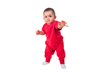 Baby girl in red suit posing In fight pose isolated in white