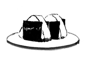 お皿にのったおにぎりの白黒イラスト